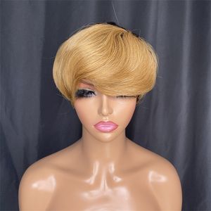 Perruque courte droite coupe lutin pour les femmes noires péruvienne Remy perruque de cheveux humains miel blond Bob perruques pré plumé délié