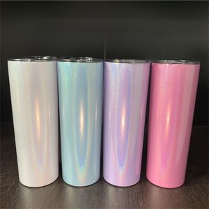 DROIT! Gobelet à sublimation 6 couleurs, 20oz, à paillettes, en acier inoxydable, gobelet maigre, arc-en-ciel, isolé sous vide, pour bière, café, avec paille