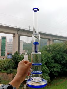 Narguilés à eau en verre bleu à tube droit avec double nid d'abeille Perc Dab Rigs pour fumer