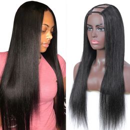 Perruque U Part Wig naturelle brésilienne lisse, cheveux vierges, couleur naturelle, densité 150%, pour femmes noires