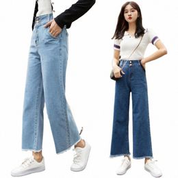 Rechte Vrouwen Broek Hoge Taille Losse Broek Wijde Pijpen Casual Denim Jeans Negende Broek S5VK#