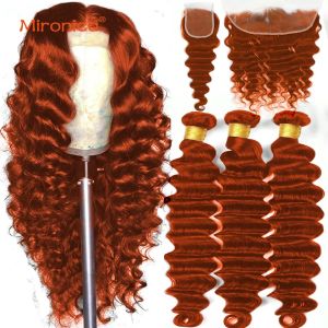 Richters Mironica losse diepe golf gember oranje menselijk haar 3/4 bundels met 4x4 13x4 sluiting menselijk haar weefsel remy Human Hair Extensions