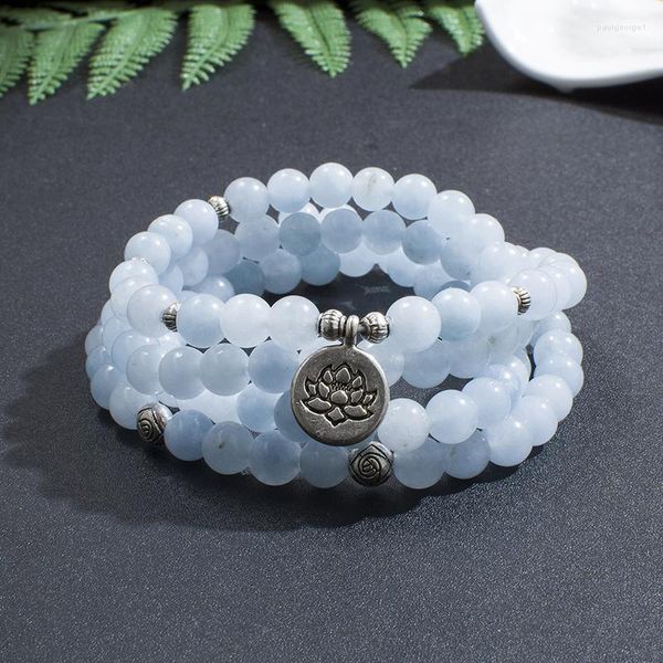 Strand 108 8mm Aigue-Marine Perlé Élastique Cordon Wrap Mala Bracelet Méditation Yoga Guérison Bijoux Femmes Charme Chapelet Lotus Bracelet