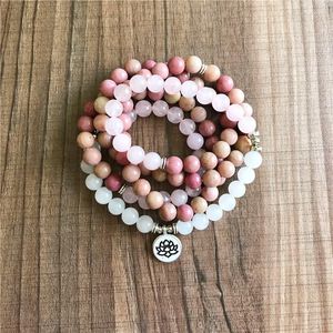 Bracelet de perles Mala à brins de 108, quartz rose naturel, jade blanc, Rhodonite, Yoga, Lotus, 5 tours, prière, guérison