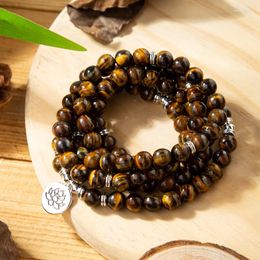 Strand 108 Mala Beads Tigers Eye Bracelet Necklace-Healing Gemstone Bracelet-Crystal Chakra Oración Bead Bracelet-Mala Meditación Yoga