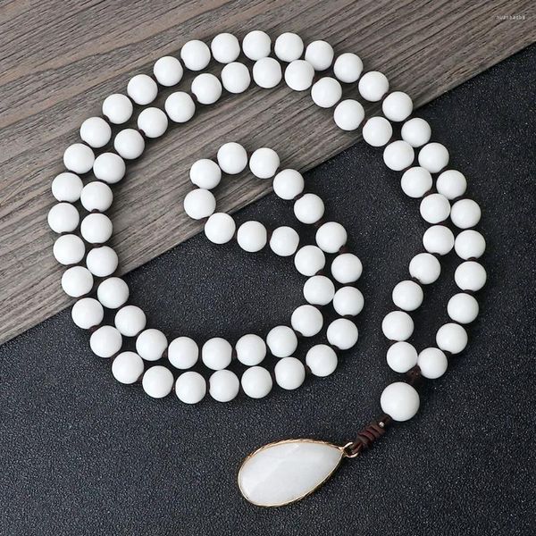 Strand 108 Mala pulsera de cuentas de porcelana blanca oración curación gota de agua colgante collar mujeres hombres brazaletes elásticos regalo de joyería