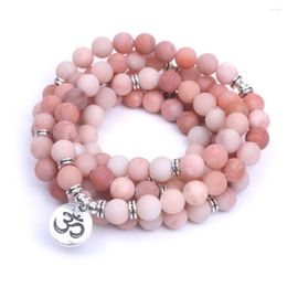 Hilo 108 rosa piedra Natural esmerilado Mala pulsera elasticidad OM Lotus Buda encanto para mujeres Yoga collar gota