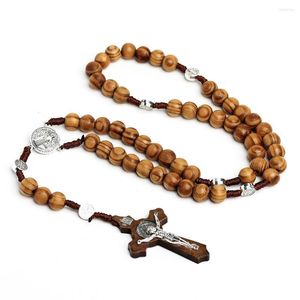 Strand 10mm Beads Wooden Cross Rosary Hand-woven Catholic Bracelet Prayer Virgin Mary Blessing Chain Sacred Christian Woman Man Jewelry
