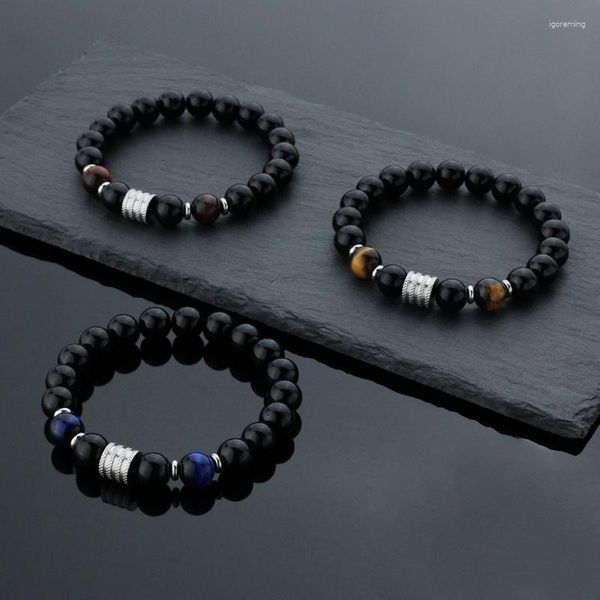 Brin 10 MM Perles Noires Bracelet Perlé Pierre Oeil De Tigre Accessoires En Acier Inoxydable Ornements À La Main