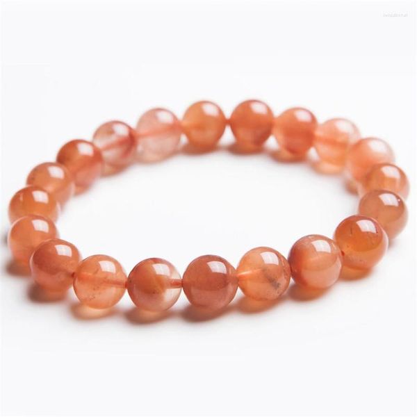 Hebra de 10mm de pelo rojo Natural genuino, cuentas redondas de cristal de Cuarzo rutilado, joyería de moda, pulseras elásticas con dijes para mujer