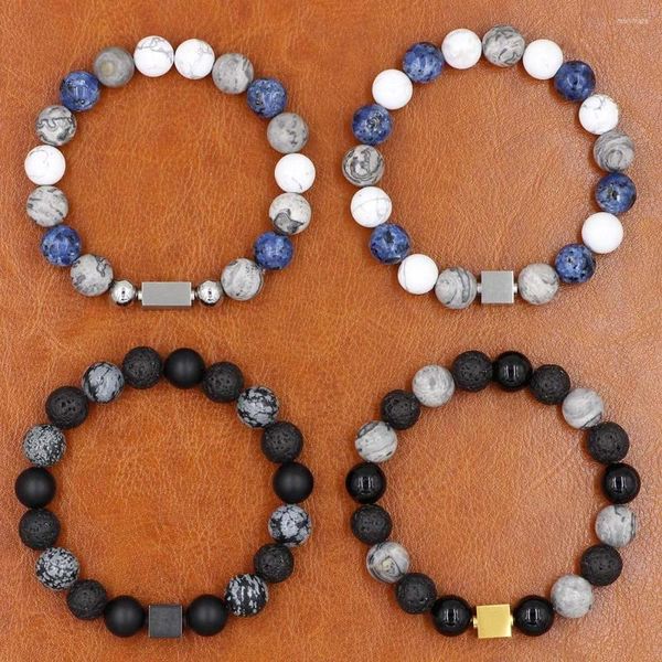 Strand 10mm Lava ONyx Snowflake Natrual Stone Beads BraceletsBangles Pulsera cuadrada de acero inoxidable para hombres Pulseras Hombres