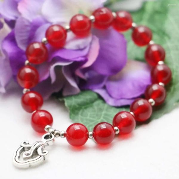 Hebra redonda de 10mm con cuentas de jade rojo, pulsera de calcedonia, cadena de mano para mujeres y niñas, regalos de piedra, colgante de diseño para fabricación de joyas DIY