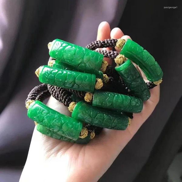 Pulsera de Jade tejida a mano para mujer verde seca tallada de 10 piezas al por mayor
