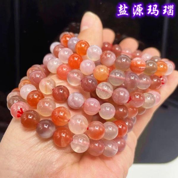 Brin 10 pièces, vente en gros, couleur rose bonbon pêche, perles rondes en Agate Yanyuan pour femmes, Bracelet en Jade, produits