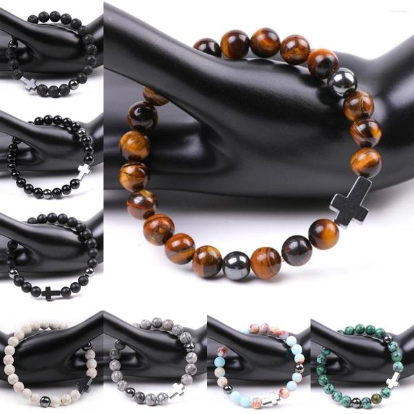 Brin 10 pièces breloques croix hématite 8mm perles de pierre noire Couple amoureux Bracelet oeil de tigre bijoux énergétiques