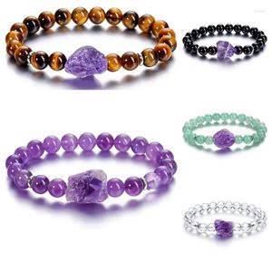 Bracelet en pierre de guérison Reiki, 10 pièces, améthystes brutes irrégulières, breloques Druzy, perles noires et blanches, élastique, pour femmes et hommes