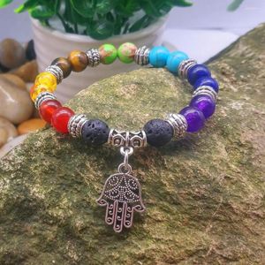 Strand 10 stks Levensboom 7 Chakra Healing Balans Kralen Reiki Boeddha Palmblad Gebed 8mm Lavasteen diffuser Armband Sieraden