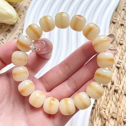 Bracelet en racine de Bodhi naturelle, brin 11-14mm, perles bouddhistes culturelles pour hommes et femmes, avec bracelets alternés jaune et blanc