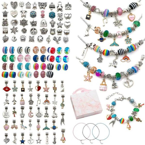 Strand 122 Uds. DIY, abalorios, pulsera, Kit de fabricación, aleación, gran agujero, espaciador, colgante de cuentas, accesorios de joyería hechos a mano, regalo para niñas