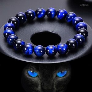 Strand 12mm bouddha Bracelets bleu oeil de tigre Bracelet pierre naturelle perles rondes élasticité corde hommes femmes perlé