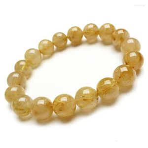 Brin 12mm véritable naturel jaune or cheveux titane rutilé Quartz Bracelet cristal rond lâche perle extensible charme femmes