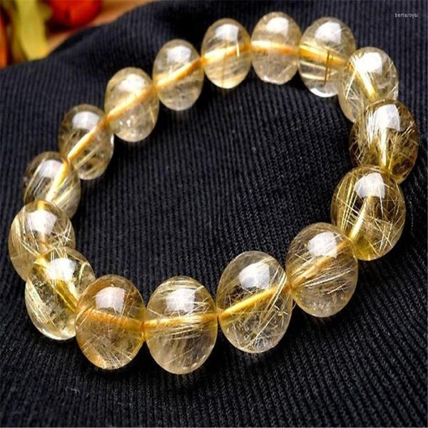 Hilo de 13,5mm, aguja de pelo dorado amarillo Natural genuino, pulsera elástica de moda de piedra de cuentas redondas de cristal de cuarzo rutilado de titanio