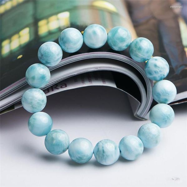 Brin 13mm véritable bleu naturel Larimar gemmes Bracelets extensibles pour femmes hommes guérison cristal rond perle Bracelet goutte