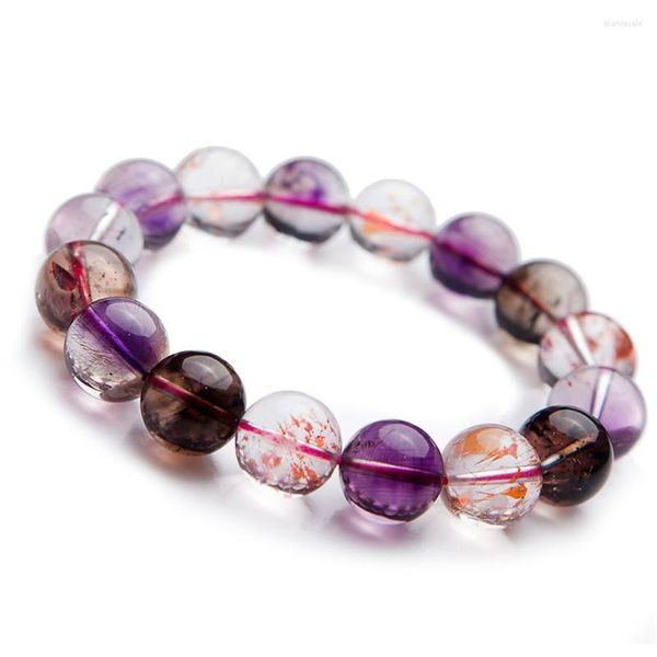 Strand 13mm Natural Super 7 Seven Melody Stone Crystal Cuentas redondas Pulsera Mujer Dama Colorido Cuarzo rutilado