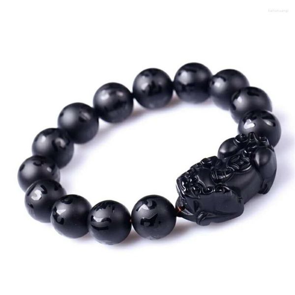 Strand 14mm Pierre Naturelle Obsidienne Noire Perles Rondes Bijoux Pi Xiu Brave Troops Puissant Le Six Syllabe Mantra Dull Polish Bracelet