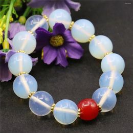 Strand 14mm blanc rond pierre de lune rouge rubis bracelet pierre naturelle fabrication de bijoux conception alliage fleur septale perles femmes filles cadeaux