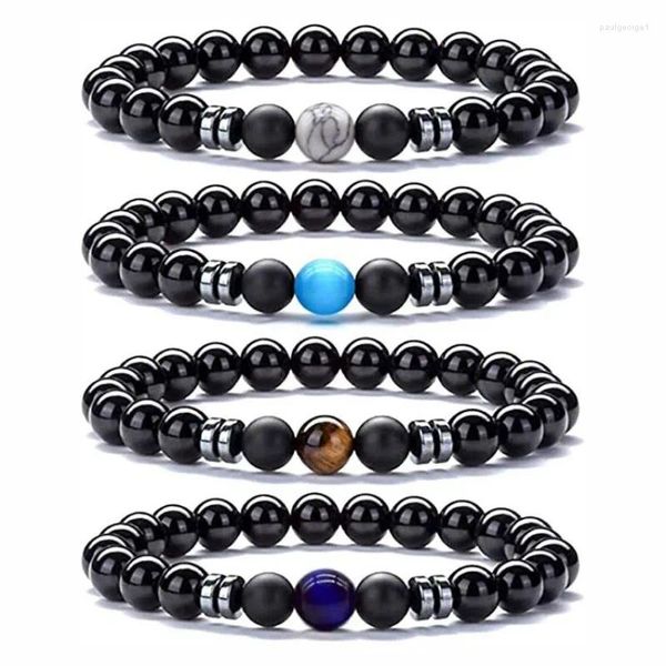 Strand 15 pièces Bracelet de perles noires mates hématite opale oeil de tigre pierre élasticité pour femmes hommes bijoux