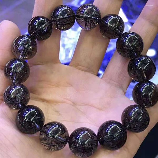 Strand 16mm Brasil Genuino Natural Negro Cuarzo Rutilado Cristal Transparente Grandes Cuentas Redondas Pulsera Mujeres Hombres Potente