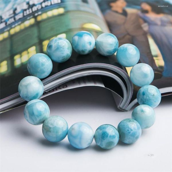 Brin 17mm véritable bleu naturel Larimar gemmes pierre cristal grande perle ronde extensible puissant femme hommes Bracelet motif d'eau