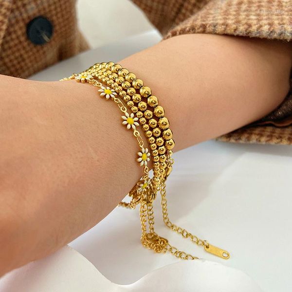 Hilo de acero inoxidable chapado en oro de 18 quilates para mujer, pulsera de cuentas pequeñas, regalo de joyería de mano