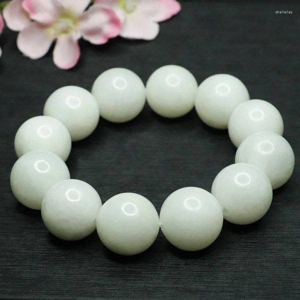 Strand 18 mm Nefrita Natural Pulsera de Jade Blanco Hombres Mujeres Piedras Preciosas Curativas Genuinas Joyería Fina Jades Hetian Pulseras Elásticas Brazaletes