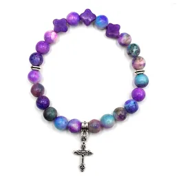 Brin 1pc conçu Dolomite violet avec breloque croisée perles rondes 8mm Bracelet élastique pour femme homme port quotidien