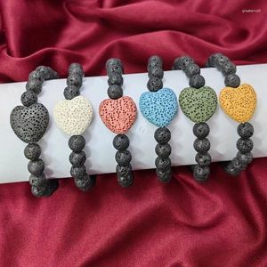 Strand 1pc hombres 8 MM piedra volcánica de Lava negra corazón Multicolor parejas pulsera con cuentas pulseras difusoras de aceite de fragancia