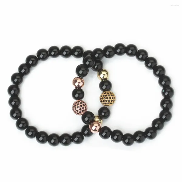 Hebra 1 Uds. Pulsera de cuentas chapadas en oro Real de circón con incrustaciones de cobre de 10mm, ágatas negras, piedra Natural redonda para mujer, regalo de joyería