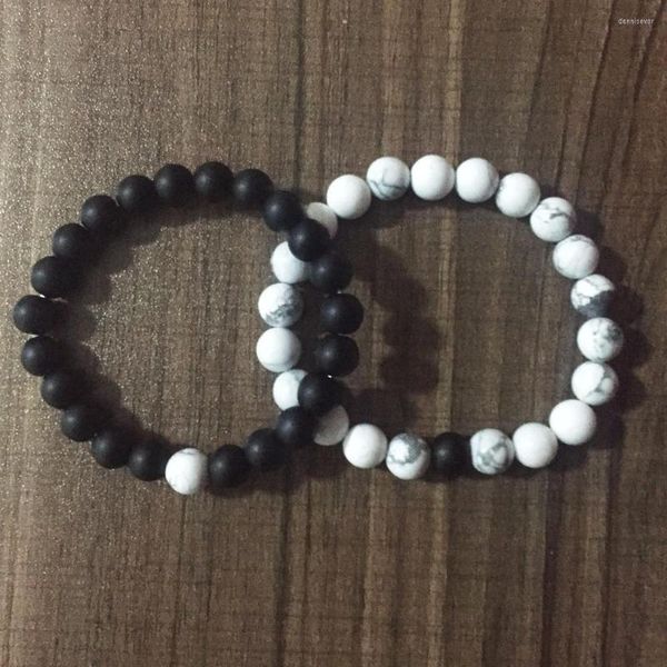 Ensemble de 2 brins ! Distance Bracelets Pierre Naturelle 8MM Blanc Howlite Bracelet Mat Noir Onyx Couple Yoga Mala Perles