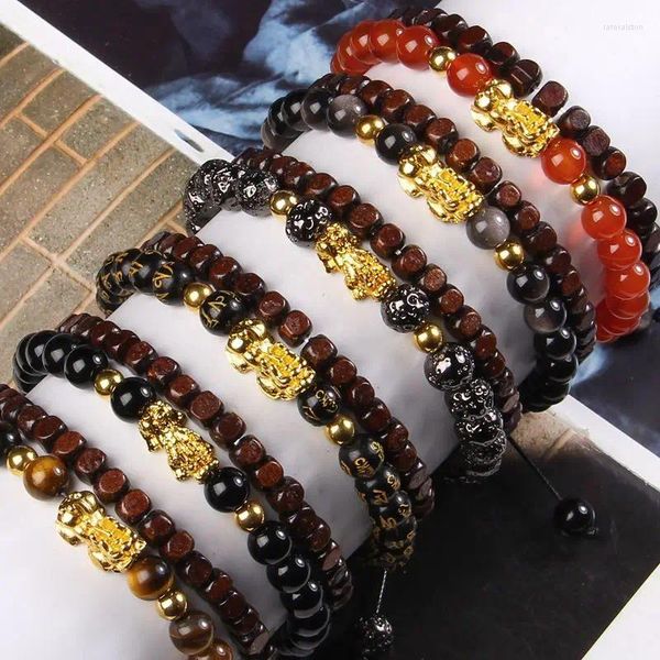 Bracelet en bois d'obsidienne Feng Shui chinois, 2 pièces, unisexe, pour hommes et femmes, breloque Pixiu rouge, cadeau porte-bonheur et riche