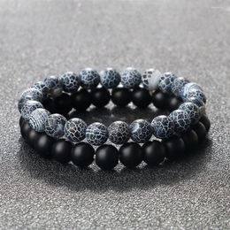 STRAND 2 PCS MATTE ZWART kralen Bracelet voor mannen en vrouwen Natuur verweerd Granietpak Stretcharmbanden Bangles Bangles Charm Jewelry cadeau