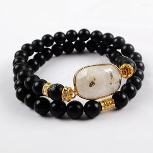 Strand 2 PCS Natural Stone Black Agate Beads Bracelet Reiki Crystal Quartz Wrap Pulseras para mujeres accesorios de joyería boho