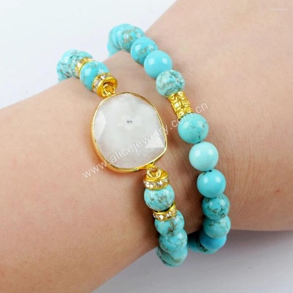 Strand 2 pièces pierre naturelle Double couche Bracelets d'enveloppement plaqué or blanc Quartz bracelet à breloques Turquoise bijoux cadeau en gros