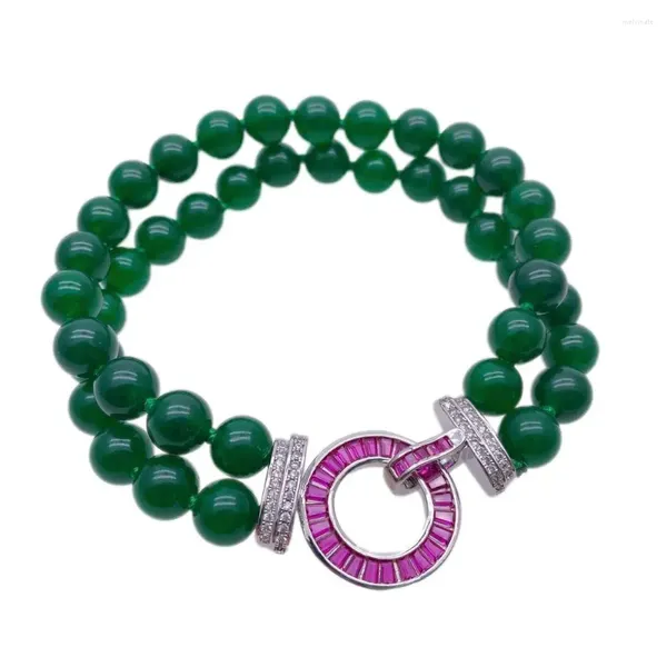 Pulsera con cuentas de Jade verde de 2 filas con cierre pavé de circonita ajustable para mujer joyería de boda