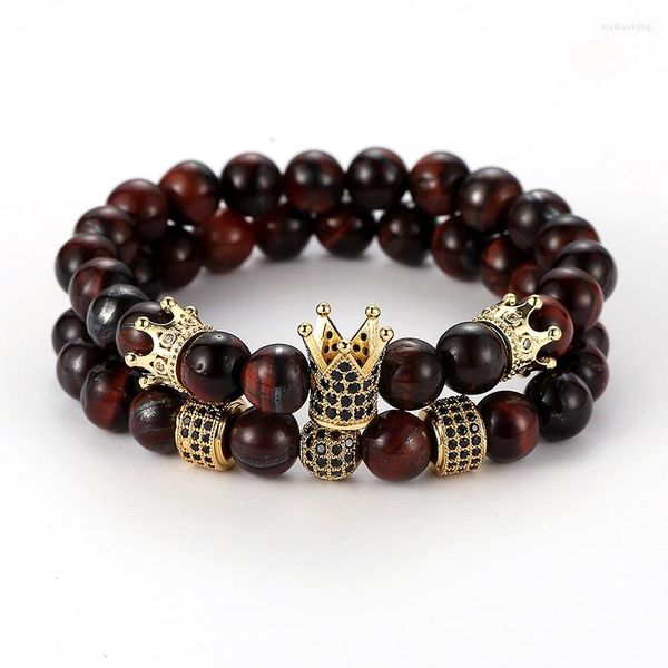 Strand 2/Set Charm Red Tiger Eye Stone Beads Pulsera Brazalete Micro Inset Zircon Crown Ball Accesorios de aleación Joyería para mujeres y hombres