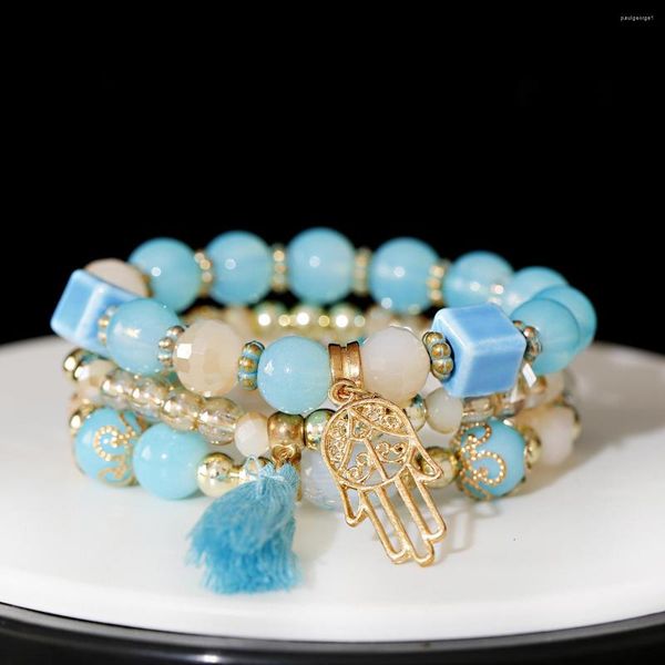 Strand 2023, pulsera de cuentas de cristal azul bohemio, pulseras elásticas con borla de mano fatimí a la moda, cuerda elástica hecha a mano, joyería para mujer