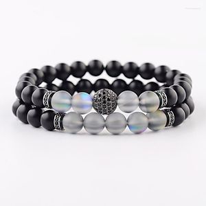 Strand 2023 Mode Paar Armband Zwart 10MM CZ Kraal Natuurlijke Shimmer Stone Ronde Kralen Stretch