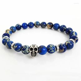 Strand 2023 Bijoux pour hommes de haute qualité détail 8 mm Blue Sediment Stone Perle avec bracelet de yoga de crâne en couleur argentée antique