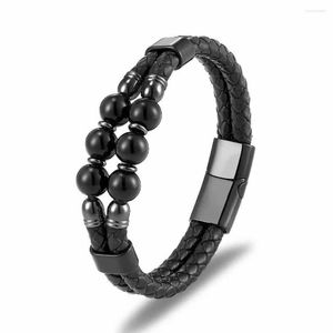 Strand 2023 Bracelet en pierre naturelle pour hommes en cuir de qualité en acier inoxydable boucle magnétique 6 bijoux en perles rondes