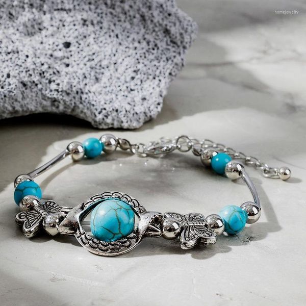 Strand 2023 Tribal Turquoise Bracelets Pour Femmes Pierre Naturelle Sculpté Lignes Papillon Bracelets Femme Tibet Argent Couleur